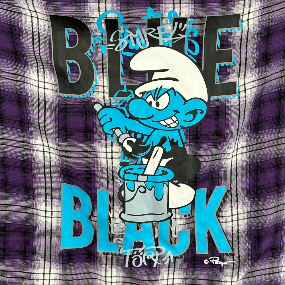 Romwe Mens Smurfs Graphic Plaid Flannel Shirt Purple White Streetwear Size M
